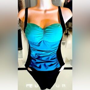 💦ECO SWIM💦 RUCHED TUMMY COLOR BLOCK REMOVABLE PADS ADJUSTABLE STRAPS SWIMSUIT
